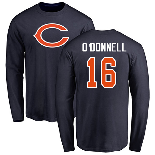 Chicago Bears Men Navy Blue Pat O Donnell Name and Number Logo NFL Football #16 Long Sleeve T Shirt